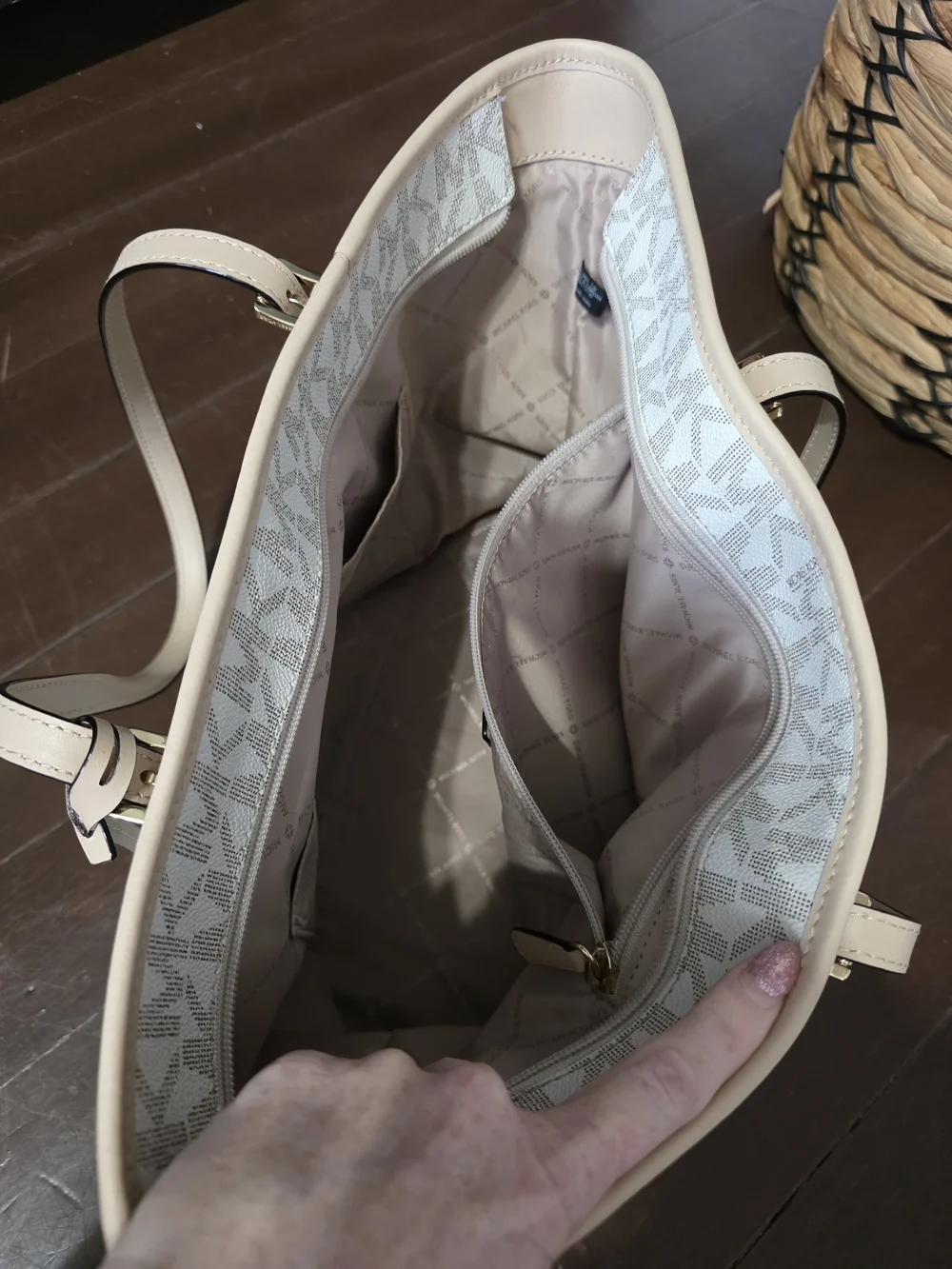 Michael Kors Beige and White Logo Tote with Gold MK Charm